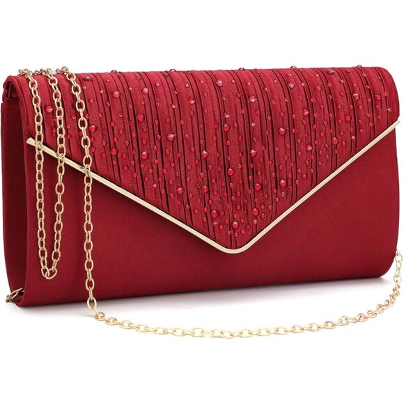 ⚡ Women's Evening Rhinestones Envelope Style Chain Strap Red Clutch Handbag - Picture 1 of 6